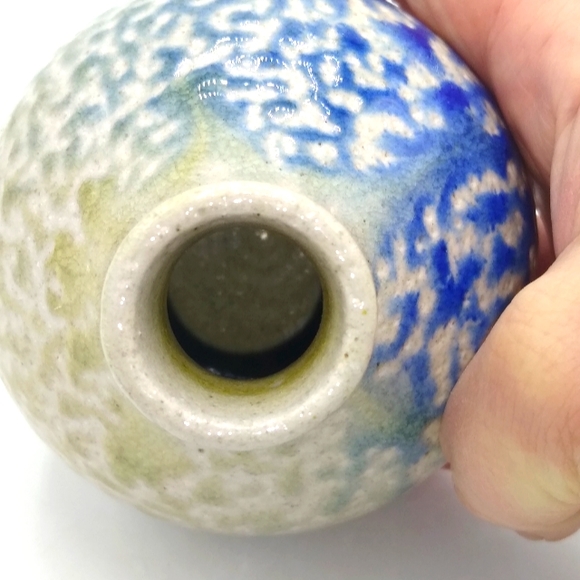 Artisan Hand Thrown Tri tone Textured Dapple Glazed Round Bud Vase Vintage - Picture 5 of 10